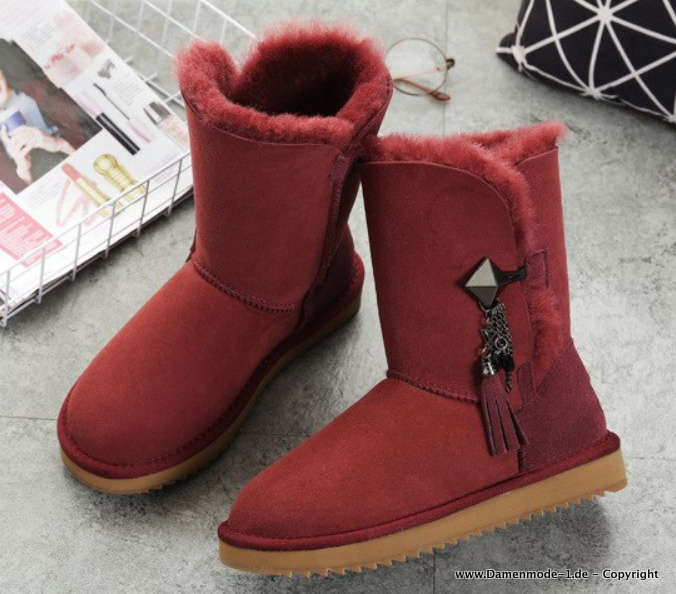 Leder Winter Kurz Stiefel in Weinrot mit Applikation