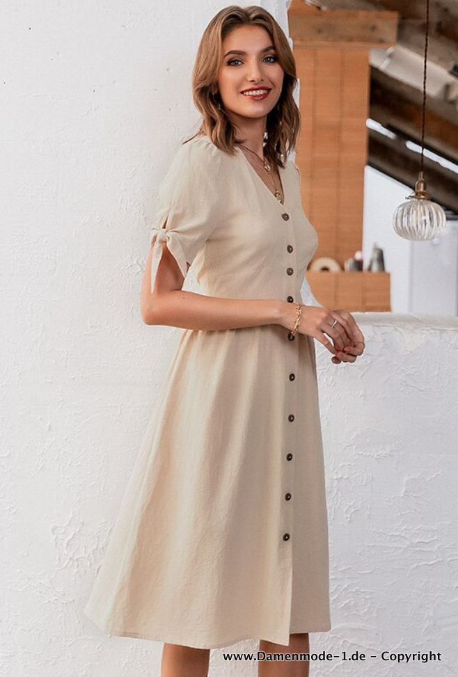 Leinen Baumwoll Kurzarm Sommerkleid in Beige 