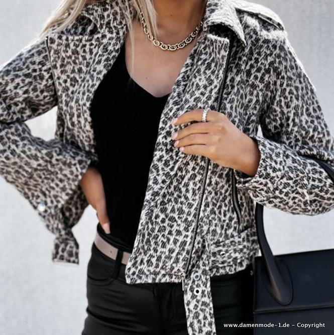 Leopard Print PU Leder Biker Jacke für Damen