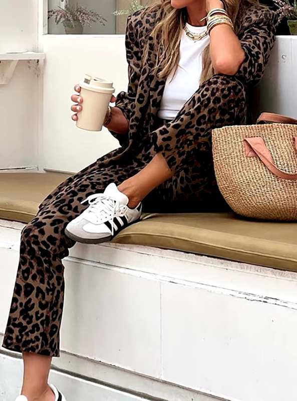 Leopard Print Zweiteiler in Braun Hose mit Blazer im Set