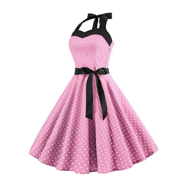 Neckholder Träger 50er Rockabilly Kleid Knielang Rosa Gepunktet