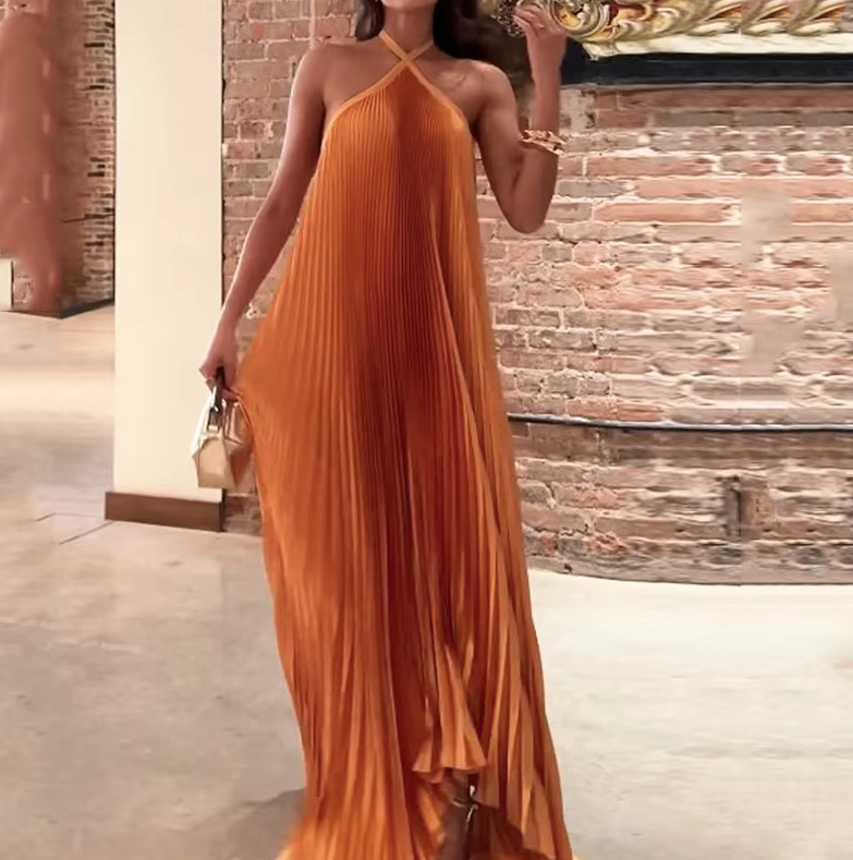 Neckholder Träger Maxi Plissee Sommer Kleid Elegant in Orange