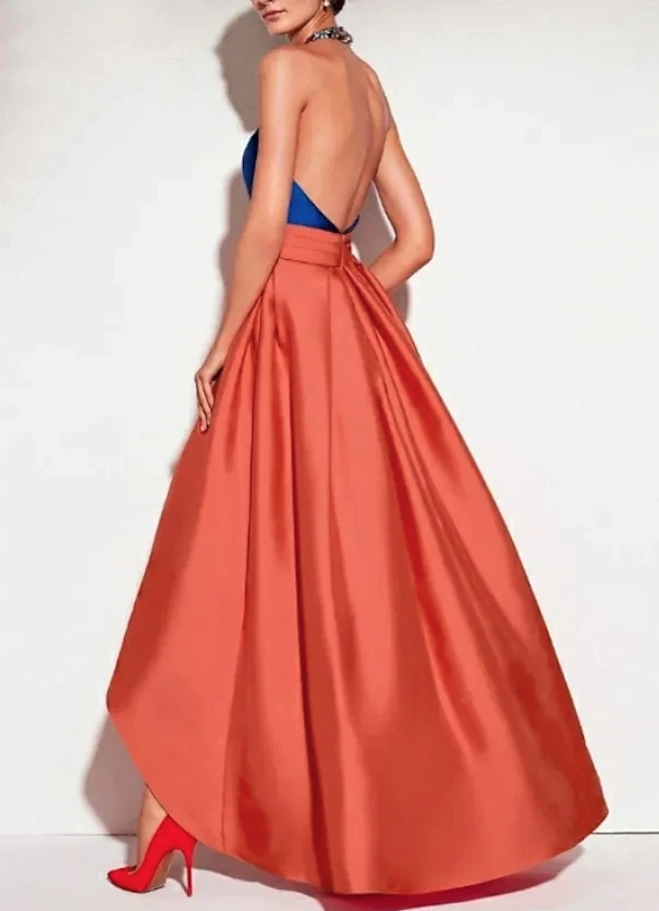 Neckholder Träger Satin Abendkleid Vorne Kurz Hinten Lang in Blau Orange