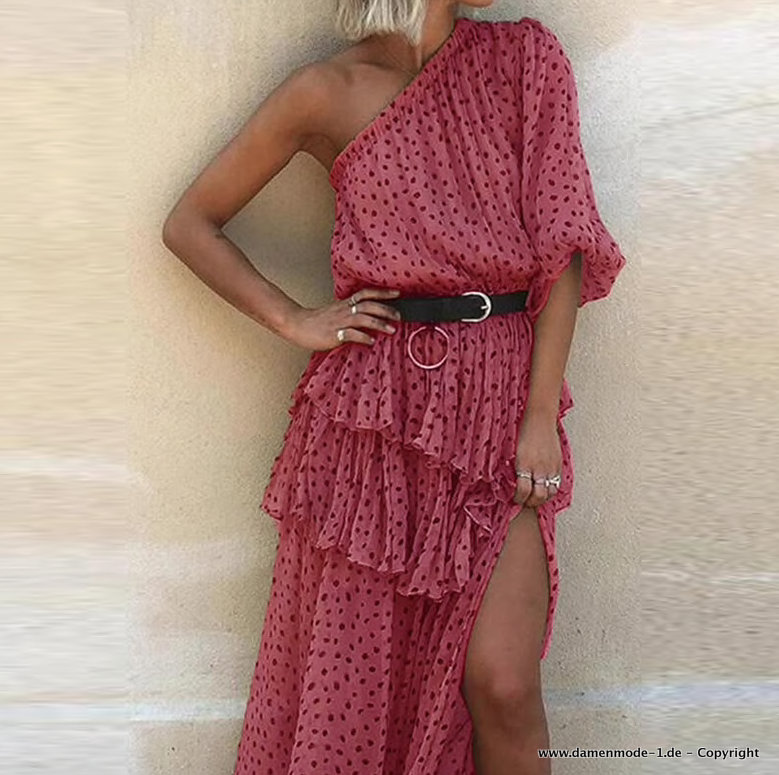 One Shoulder Cut Out Sommerkleid in Rot Gepunktet