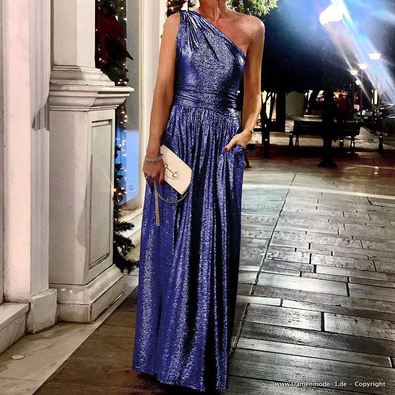 One Shoulder Glitzer Abendkleid Bodenlang in Blau