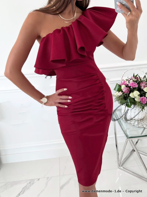 One Shoulder Rüschen Bodycon Kleid Elegant in Rot