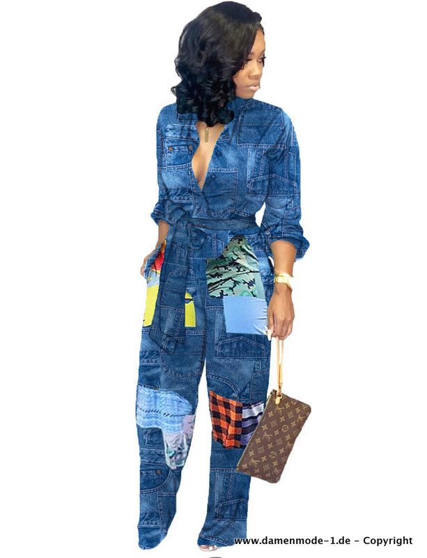 Patchwork Pach Jeans Overall Jumpsuit 