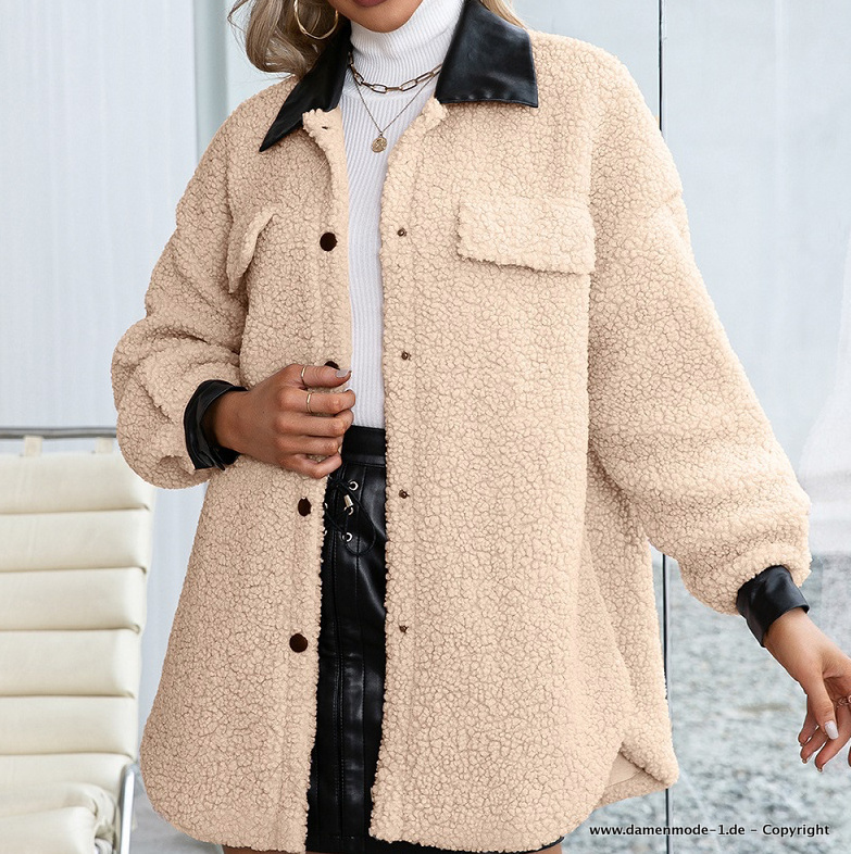 Plüsch Damen Jacke mit PU Leder Applikationen in Beige