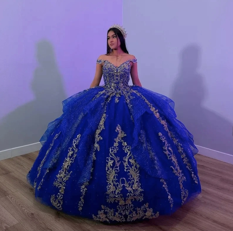 Quinceanera Ballkleid Britta Schulterfrei mit Schleppe und Spitze Navyblau