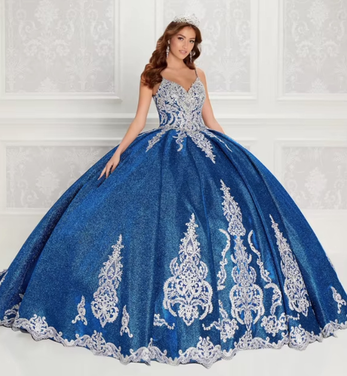 Quinceanera Ballkleid in Königsblau mit Stickereien Perlen Tüll Applikationen