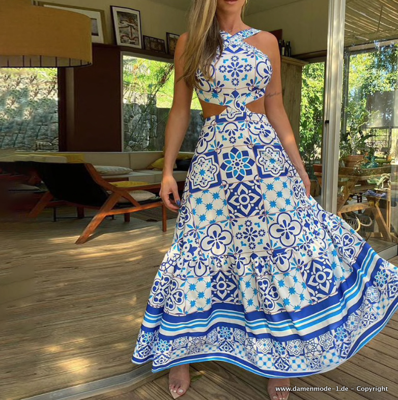 Retro Print Maxi Boho Sommerkleid in Blau Weiß