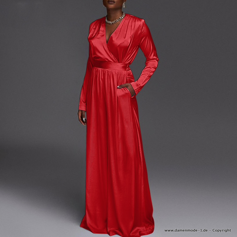 Satin Jumpsuit Overall Elegant mit Breitem Bein in Rot