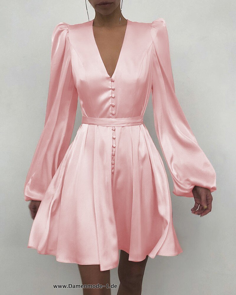 Satin V-Ausschnitt Rosa Mini Kleid Sexy Party 