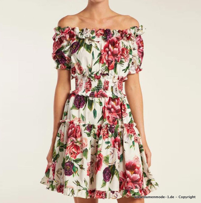 Schulterfreies A Linie Sommerkleid Kurz mit Blumenmuster