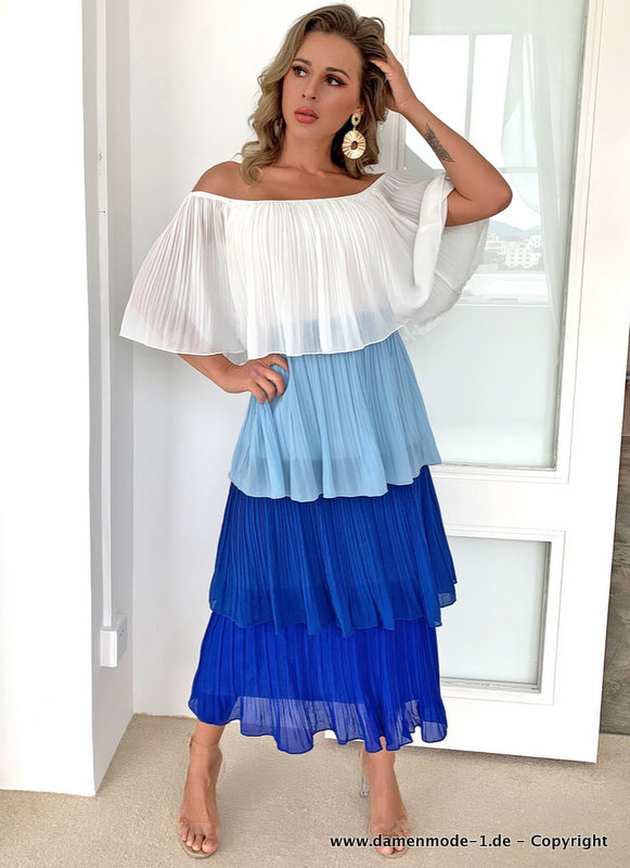 Schulterfreies Chiffon Sommerkleid mit Kontrastfarben 