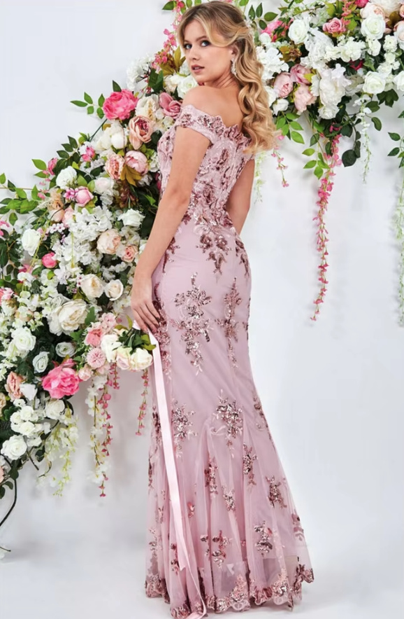 Schulterfreies Fit and Flare Abendkleid Lang in Rosa mit Spitze