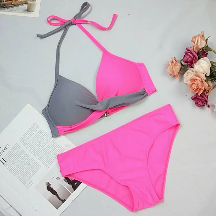 Sexy Bademode Push Up Bikini in Pink Grau