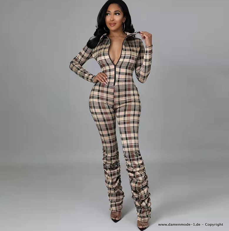 Sexy Bodycon Jumpsuit Einteiler Kariert Mit Reißverschluss 