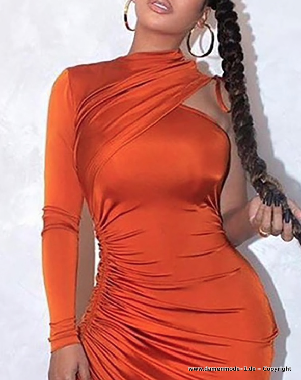 Sexy Bodycon One Shoulder Kleid Wadenlang in Orange Elegant und Sexy