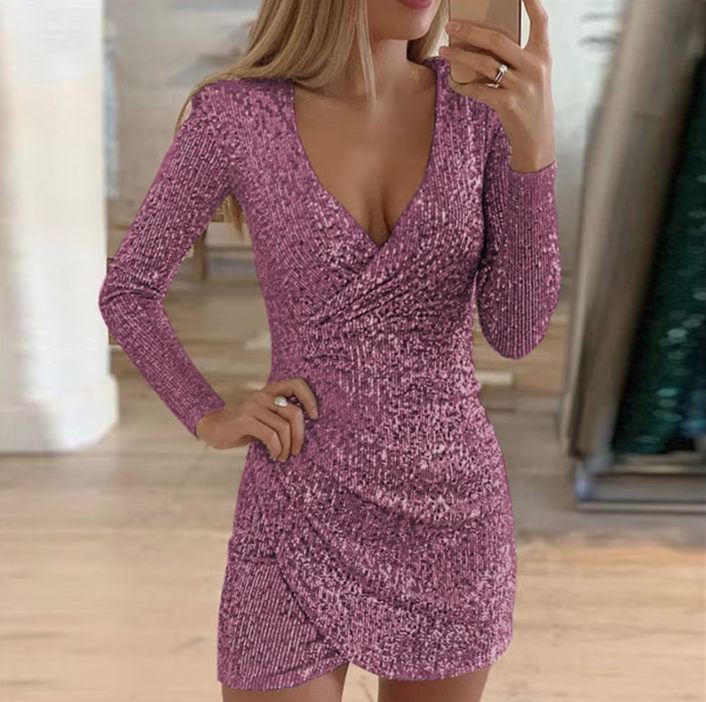 Sexy Mini Langarm Glitzer Kleid in Rosa