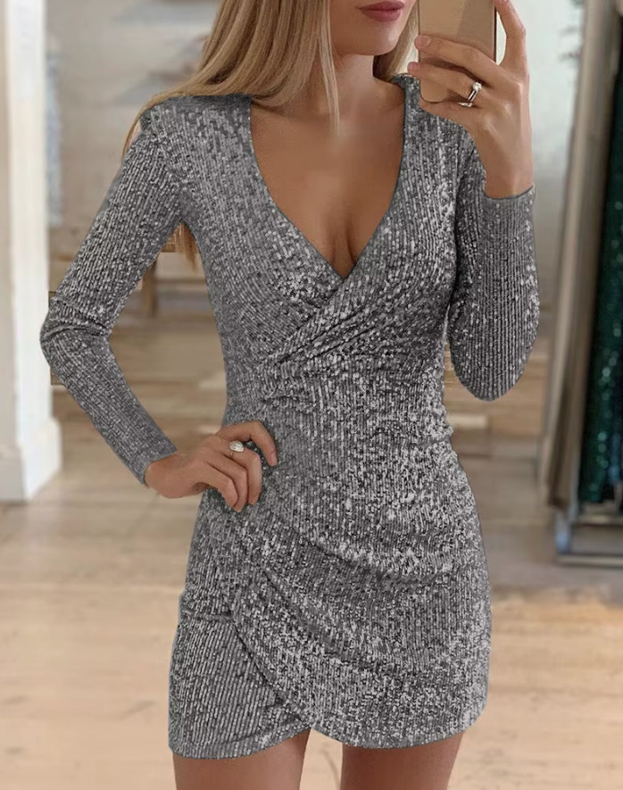 Sexy Mini Langarm Glitzer Kleid in Silber