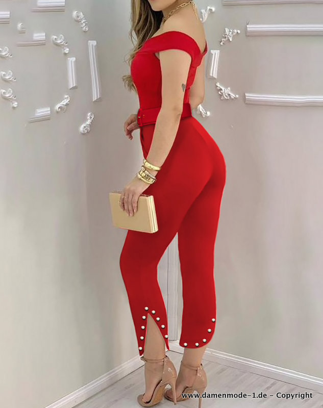 Sexy Overall Jumpsuit Einteiler in Rot Schulterfrei Elegant