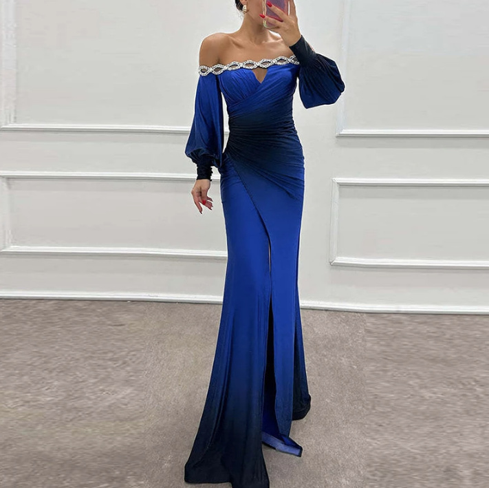 Sexy Schulterfreies Cocktailkleid Lang mit Cut Out Gradiert Schwarz Blau