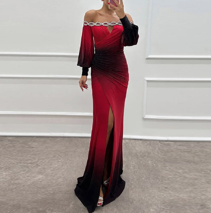 Sexy Schulterfreies Cocktailkleid Lang mit Cut Out Gradiert Schwarz Rot