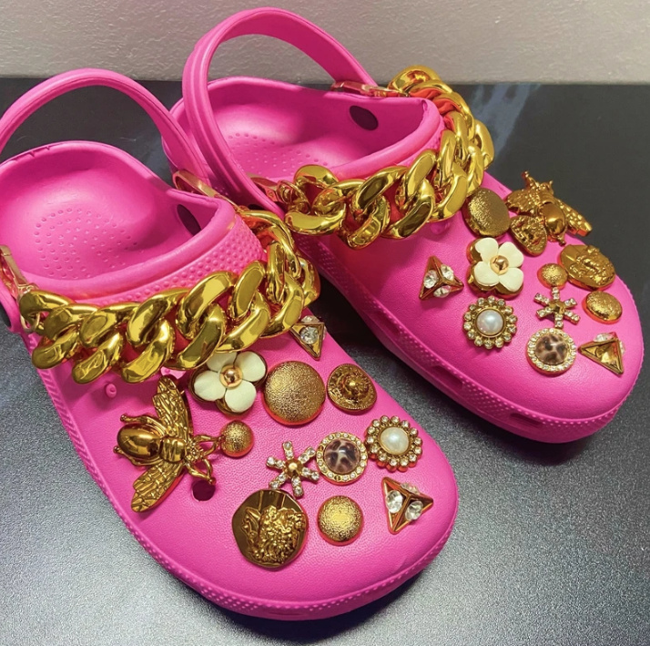 Sommer Outdoor Clogs mit Strass Schmuck in Pink Gold