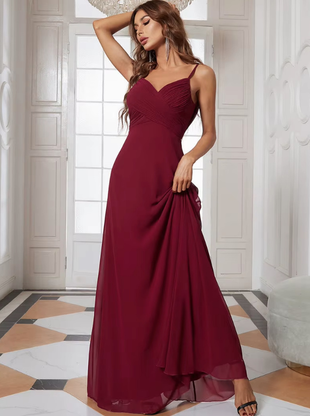 Spaghettiträger Empire maxi Kleid Elegant Lang in Dunkelrot