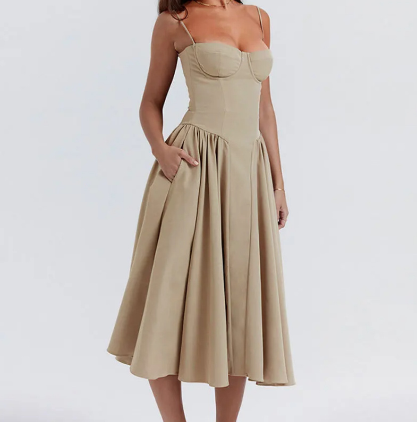 Spaghettiträger Vintage Sommerkleid Wadenlang in Beige