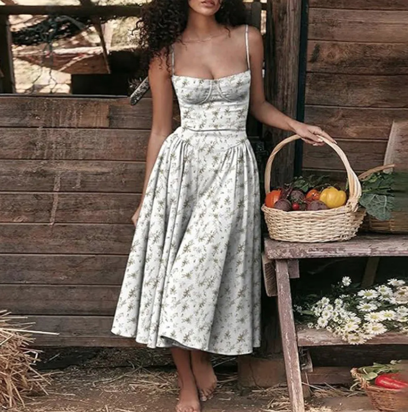 Spaghettiträger Vintage Sommerkleid Wadenlang in Hellgrau mit Blumen