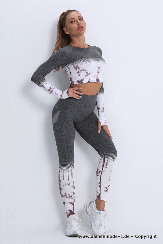 Sportoutfit Yoga Set Leggings mit Langarm Shirt Silber - Braun