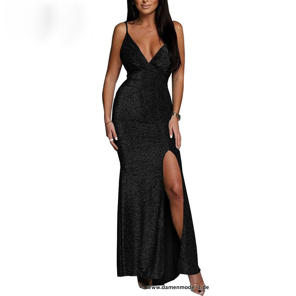 Top Spaghettiträger V-Ausschnitt Bodycon Midi Maxi Kleid in Schwarz