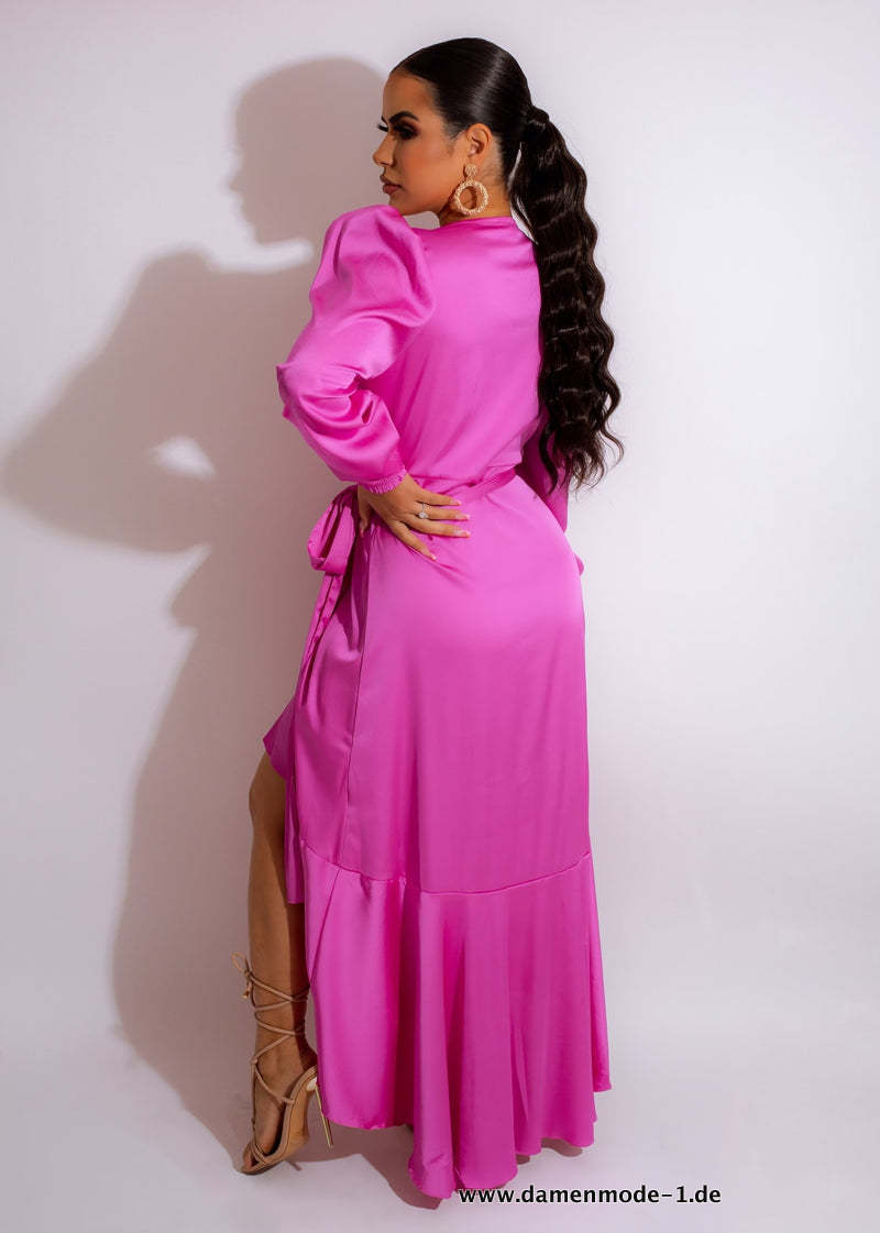 V-Ausschnitt Asymmetrisches Langarm Kleid in Pink