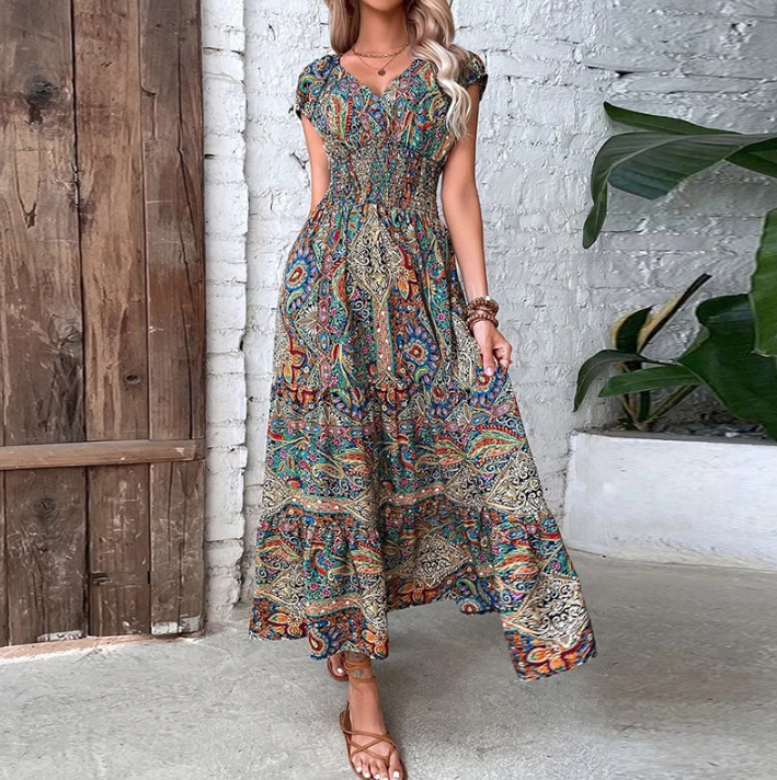 Vintage Print Maxi Sommerkleid Alissa Knöchellang mit Ärmel