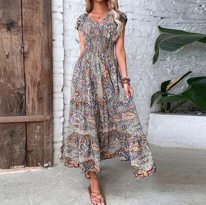 Vintage Print Maxi Sommerkleid Amely Knöchellang mit Ärmel