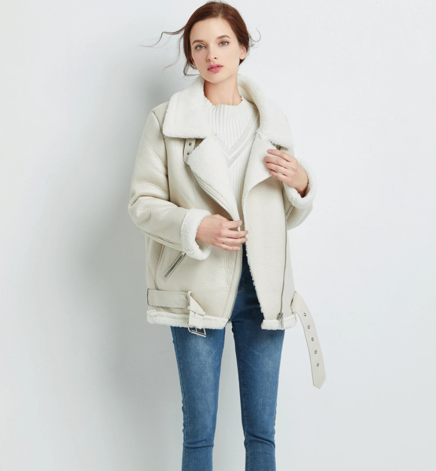 Warme Kunst Lamm Pelz Lederjacke in Beige