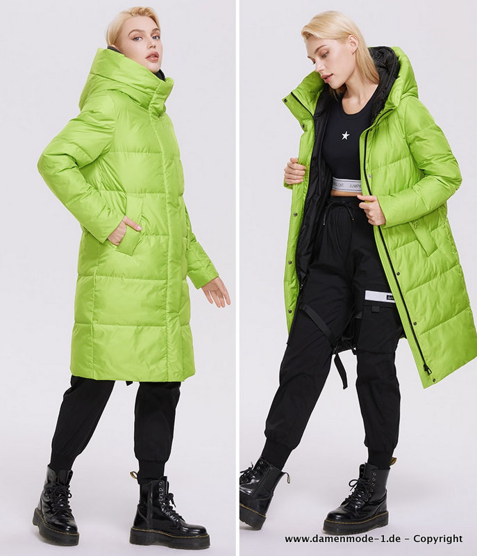 Warme Lange Winter Jacke Parka mit Kapuze Winddicht in Neongrün