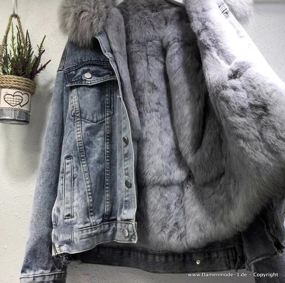 Warme Winter Jeans Jacke 2023 mit Kunstpelz Gefüttert Blau Grau