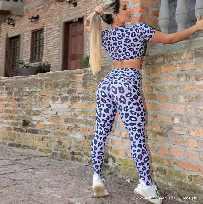 Fitness Workout Yoga Leggings in Blau mit Leopard Print