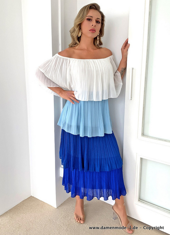 Schulterfreies Chiffon Sommerkleid mit Kontrastfarben 