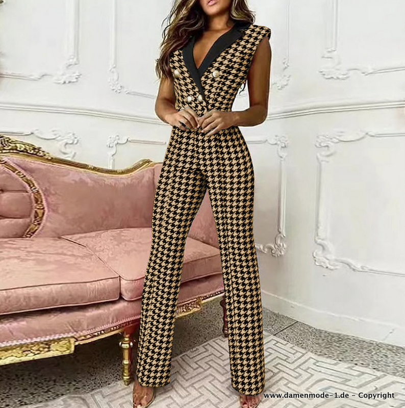 Damen Jumpsuit Einteiler Elegant Ärmellos Kariert Lang