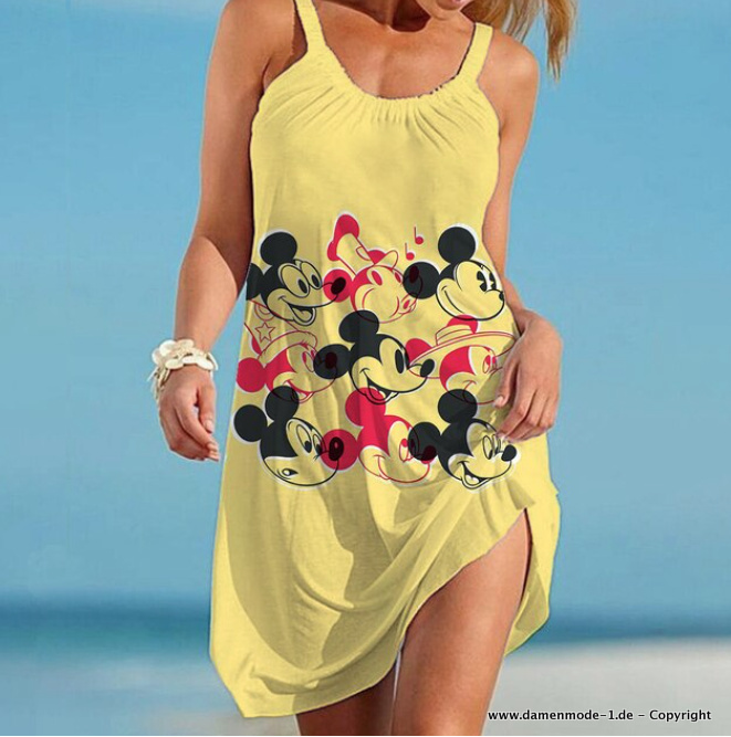 Disney Mickey Cartoon Print Strand Sommerkleid Gelb