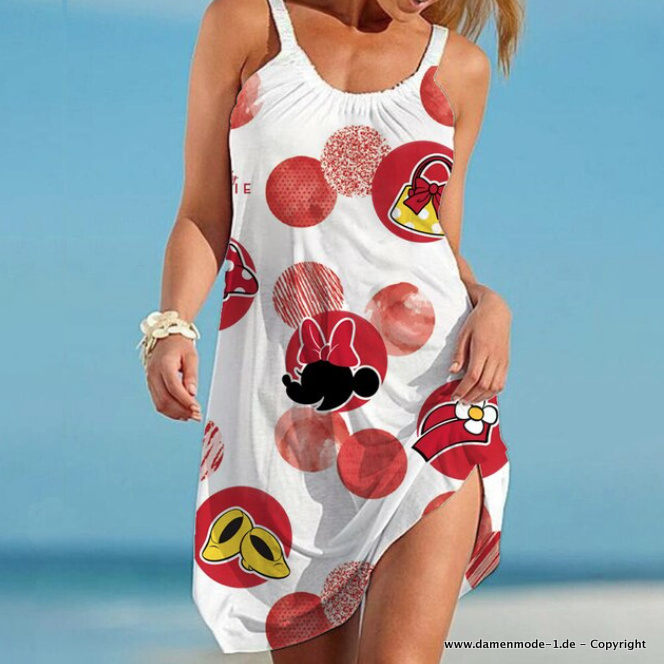 Disney Mickey Cartoon Print Strand Sommerkleid Weiß Rot