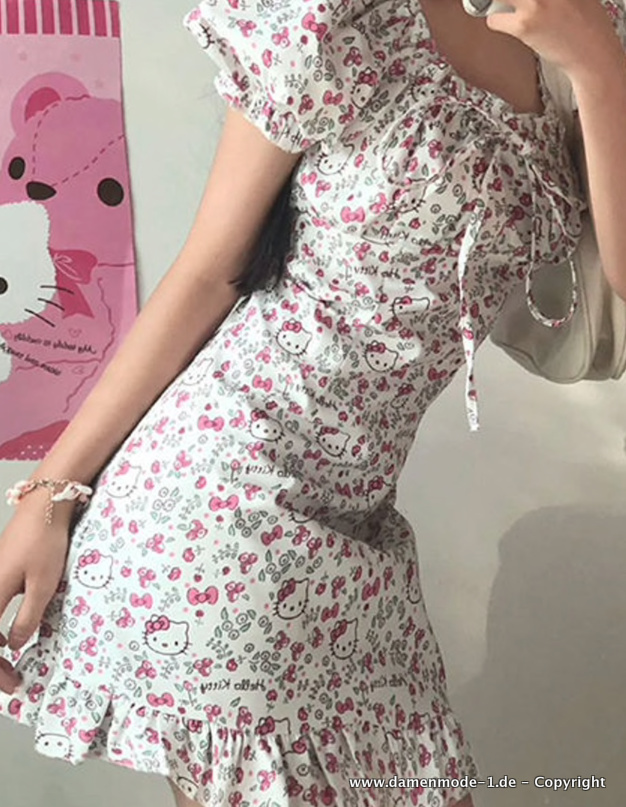 Hello Kitty Cartoon Print Sommerkleid mit Puffärmel Kurz