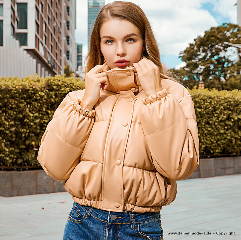 Warme PU Leder Winterjacke für Damen Kurz in Beige