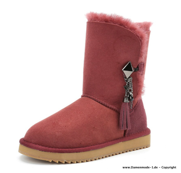 Leder Winter Kurz Stiefel in Weinrot mit Applikation