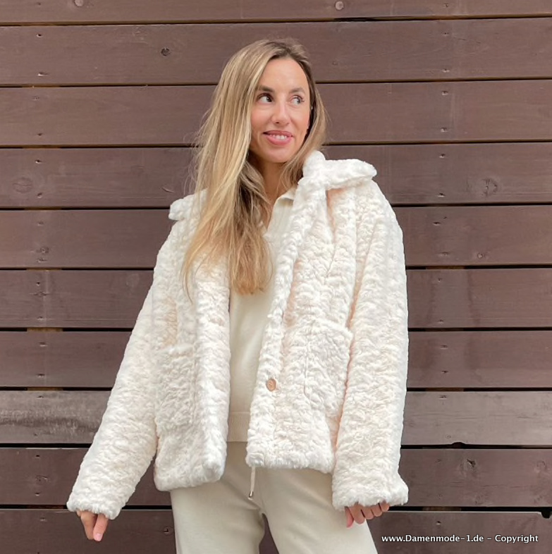 Kurze Plüsch Winter Jacke für Damen in Weiß