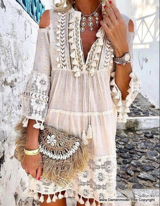 Sommer Boho Maxi Tunika Kleid in Beige Creme